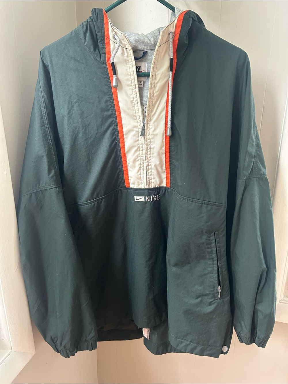 VintageNike Hooded Windbreaker Jacket - Dark Green with Cream & Orange Trim